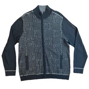 English Laundry Men's XL Full Zip Sweater Jacket Black Gray Plaid Knit Retro